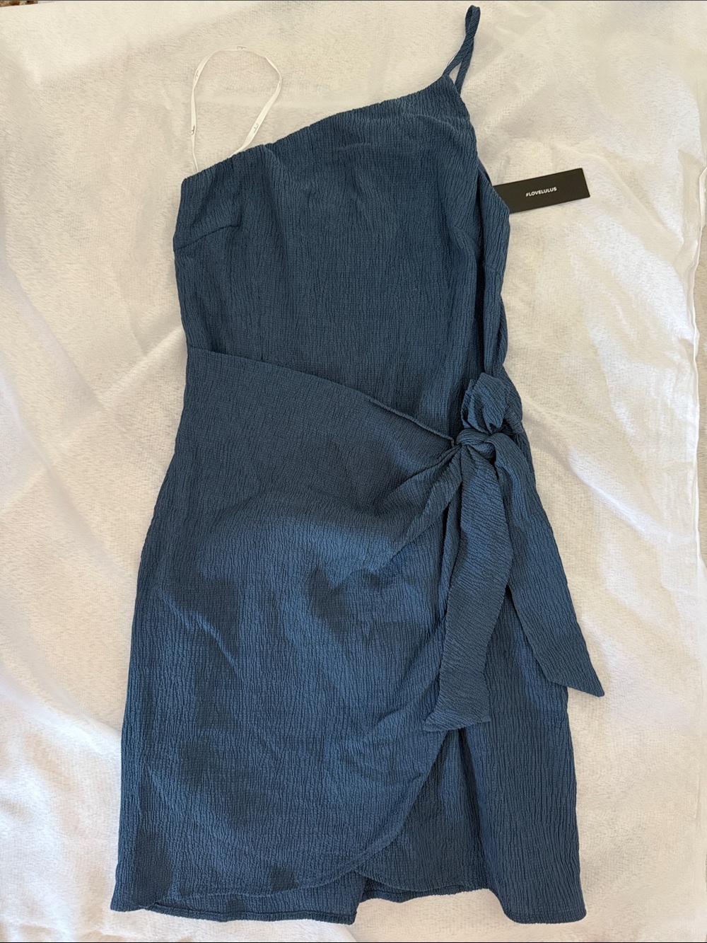 Lulu's One-Shoulder Slate Blue Wrap Dress with Side Tie